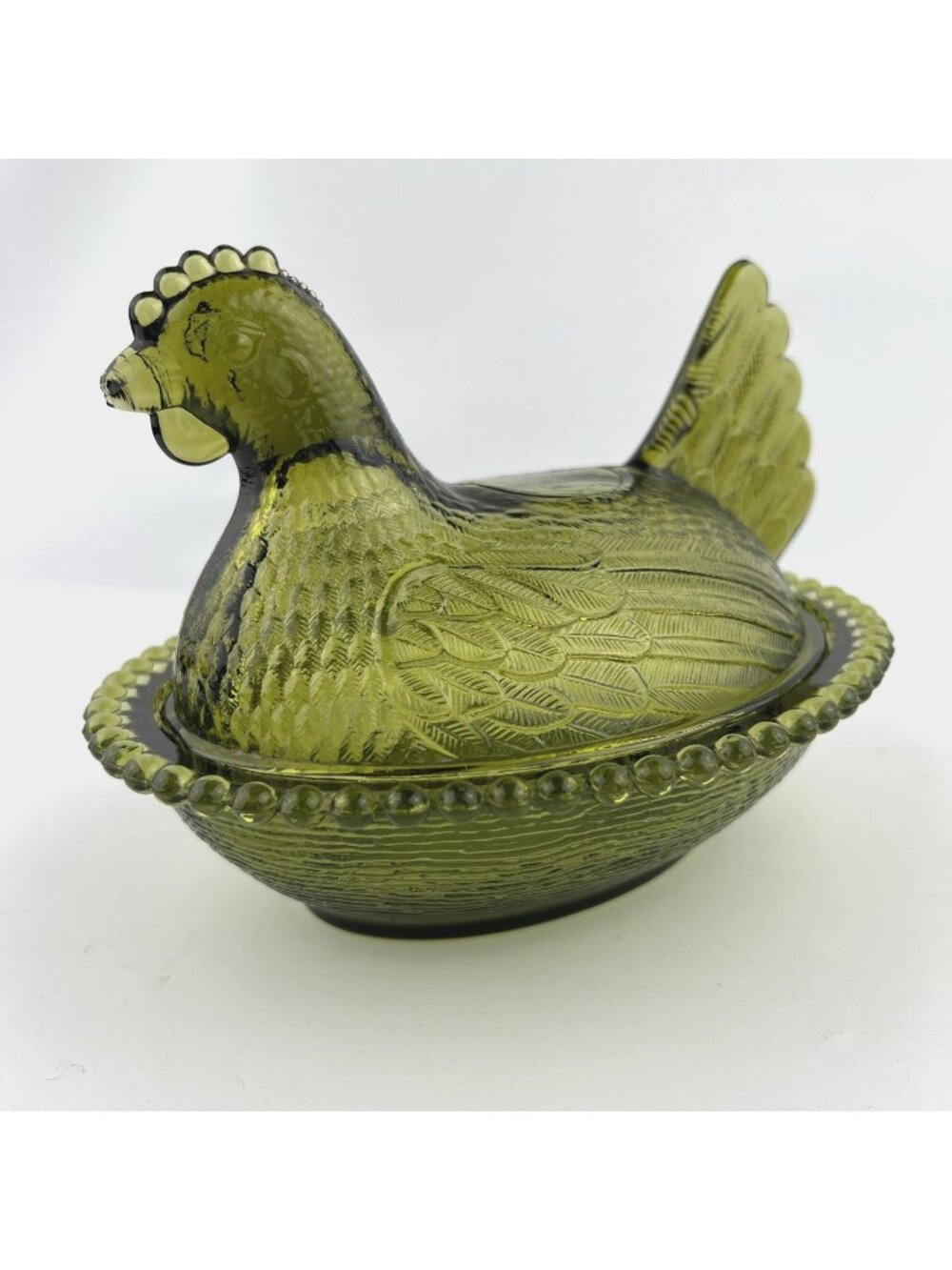 Vintage Indiana Glass Olive Green Hen On A Nest Covered Candy Dish 7"